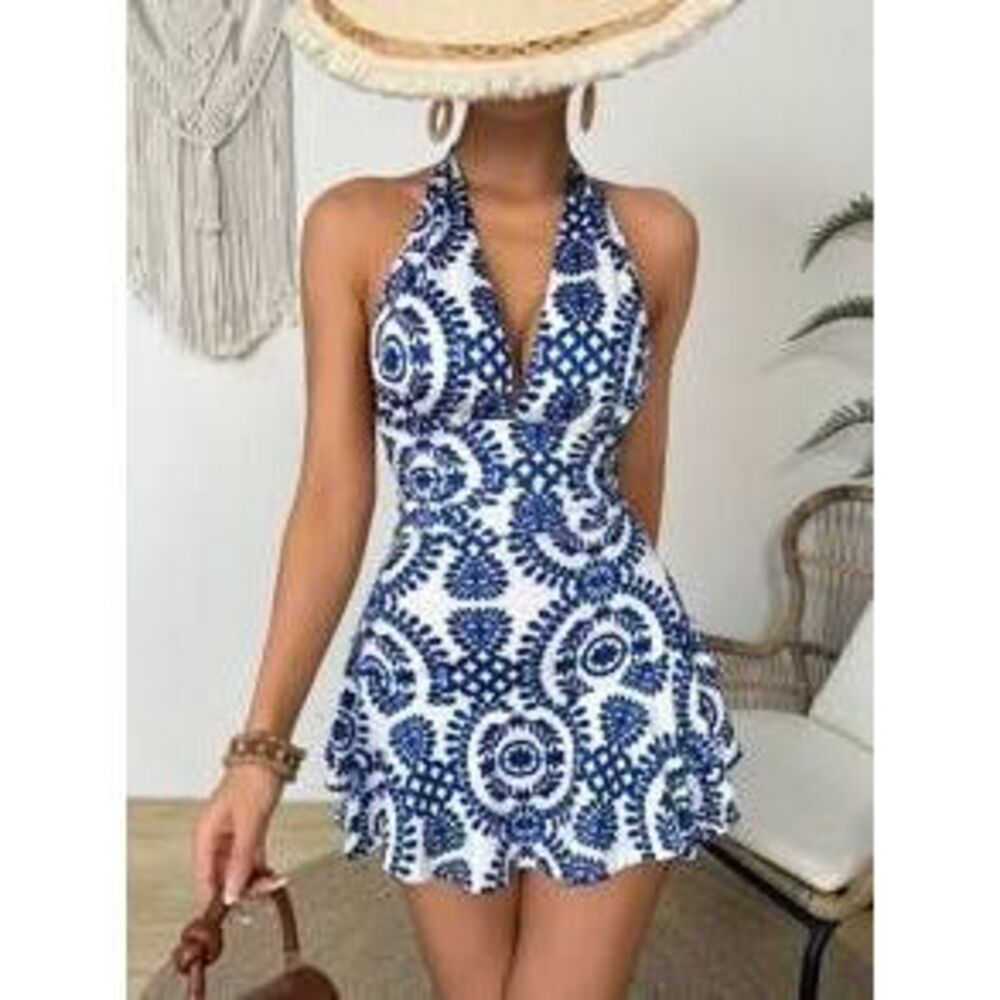 SHEIN VCAY Women's Vintage Floral Print Halter Neck Backless Jumpsuit